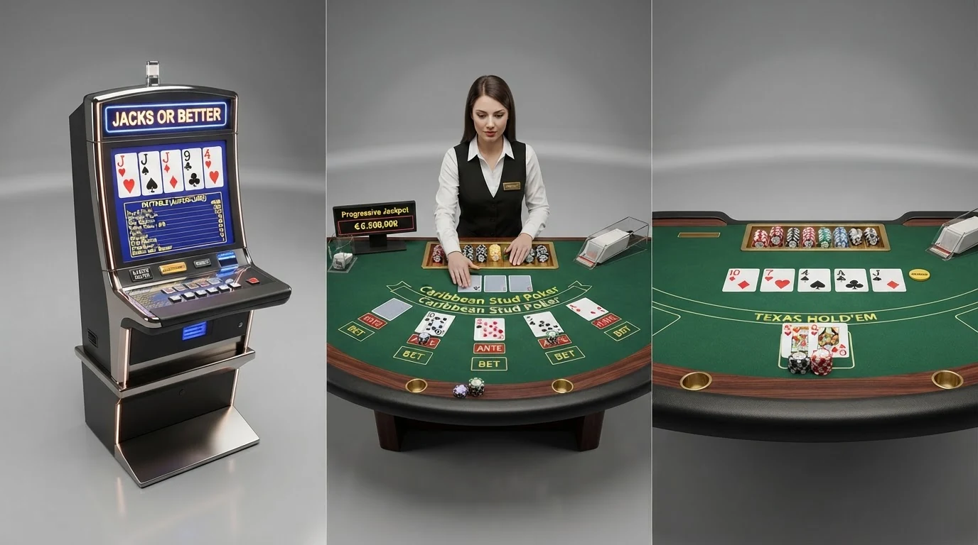Eine grafische Übersicht der Poker-Varianten — Video-Poker-Automat, Live-Dealer-Tisch und klassischer Pokertisch nebeneinander