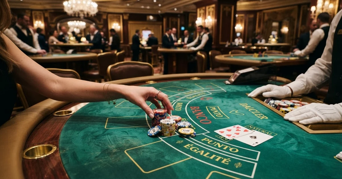 Ein Punto-Banco-Spieltisch mit Karten, Chips und den drei Wettfeldern Banco, Punto und Égalité