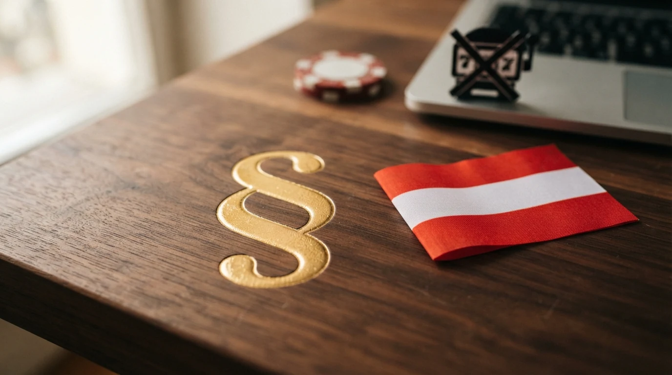Paragraf-Zeichen vor einer rot-weiß-roten Österreich-Flagge, daneben ein durchgestrichenes Casino-Symbol