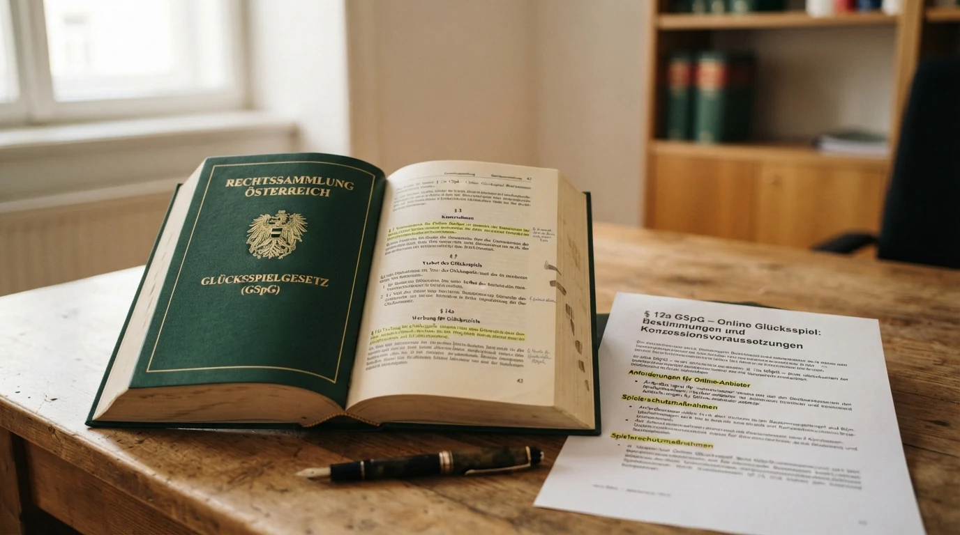 Ein aufgeschlagenes Gesetzbuch mit dem österreichischen Bundesadler auf dem Einband, daneben das Glücksspielgesetz mit markierten Paragrafen