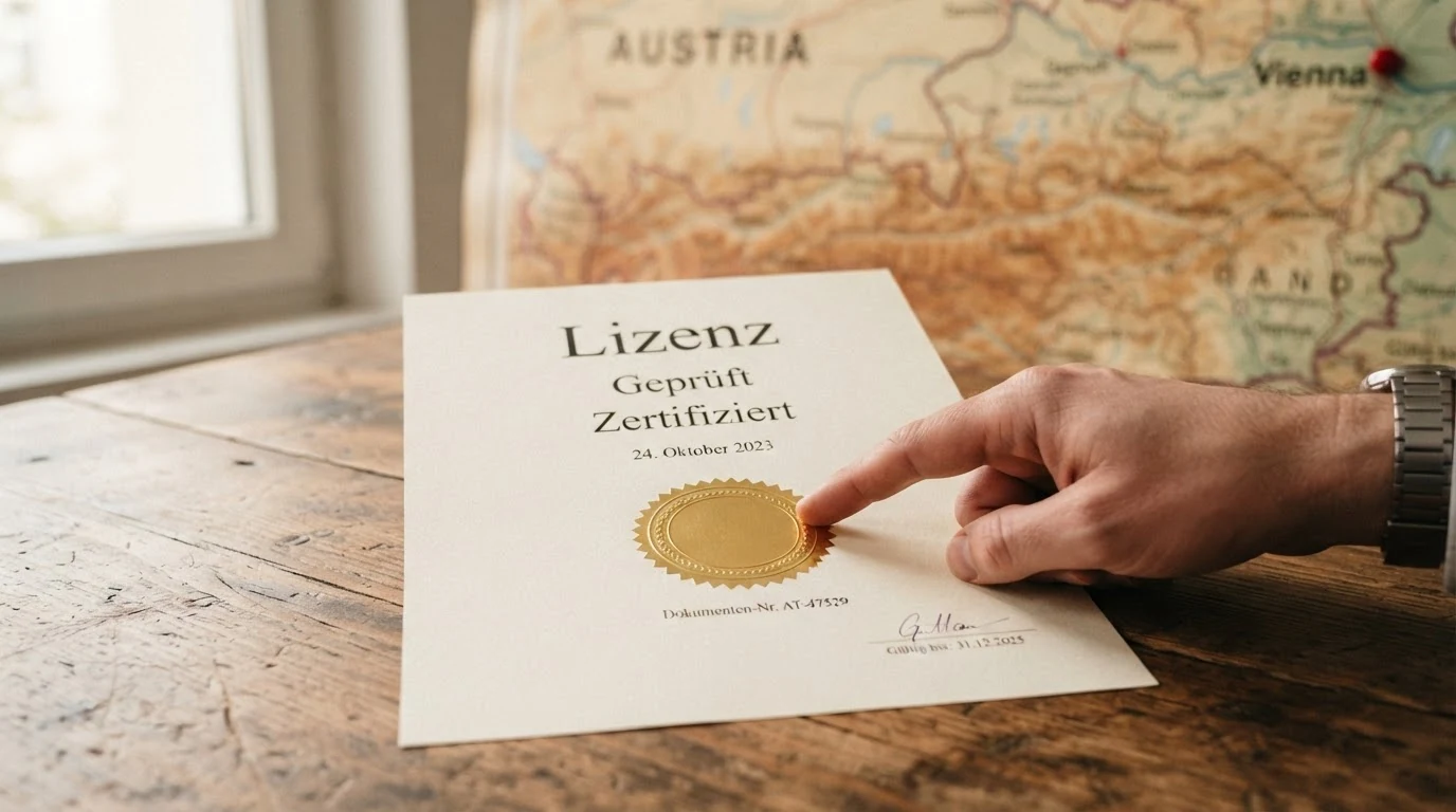 Offizielles Dokument mit Siegel und Paragrafenzeichen vor einer Österreich-Karte zur Veranschaulichung von Spielerschutz und Rechtsweg