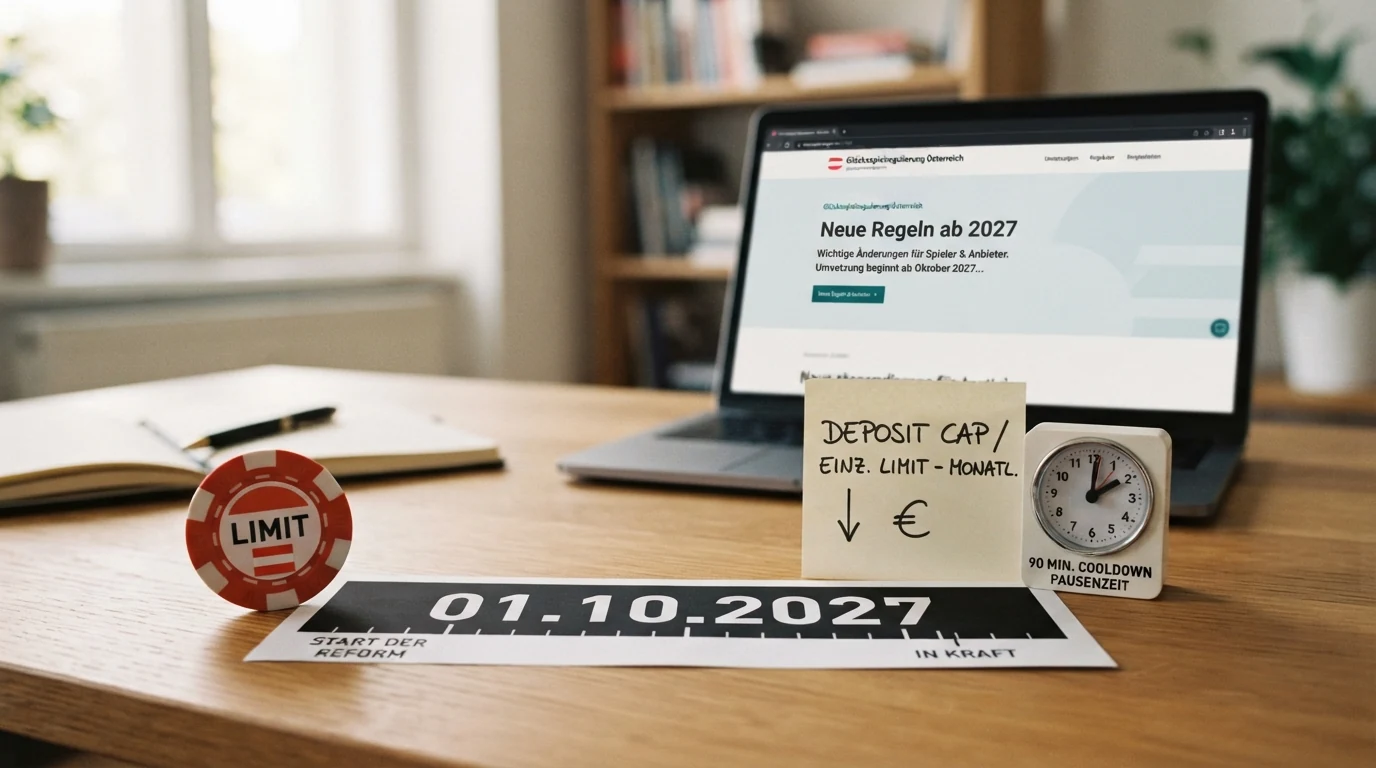Eine zweigeteilte Grafik: links ein Paragrafenzeichen mit „GSpG heute“, rechts ein Kalenderblatt „01.10.2027“ mit drei Symbolen für 2 € Limit, Einzahlungsdeckel und Abkühlphase