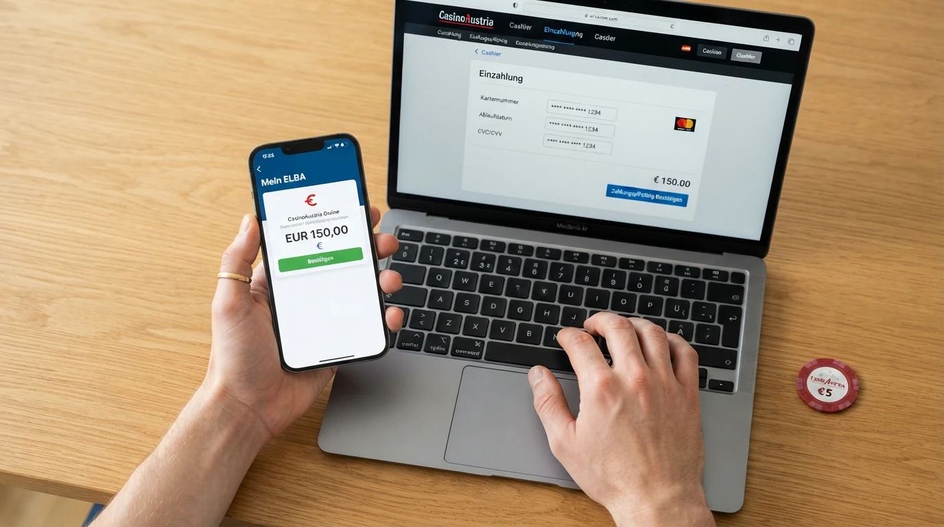 Nahaufnahme einer Revolut-Karte vor einem Bildschirm mit der Casino-Kassenansicht und dem Einzahlungsformular