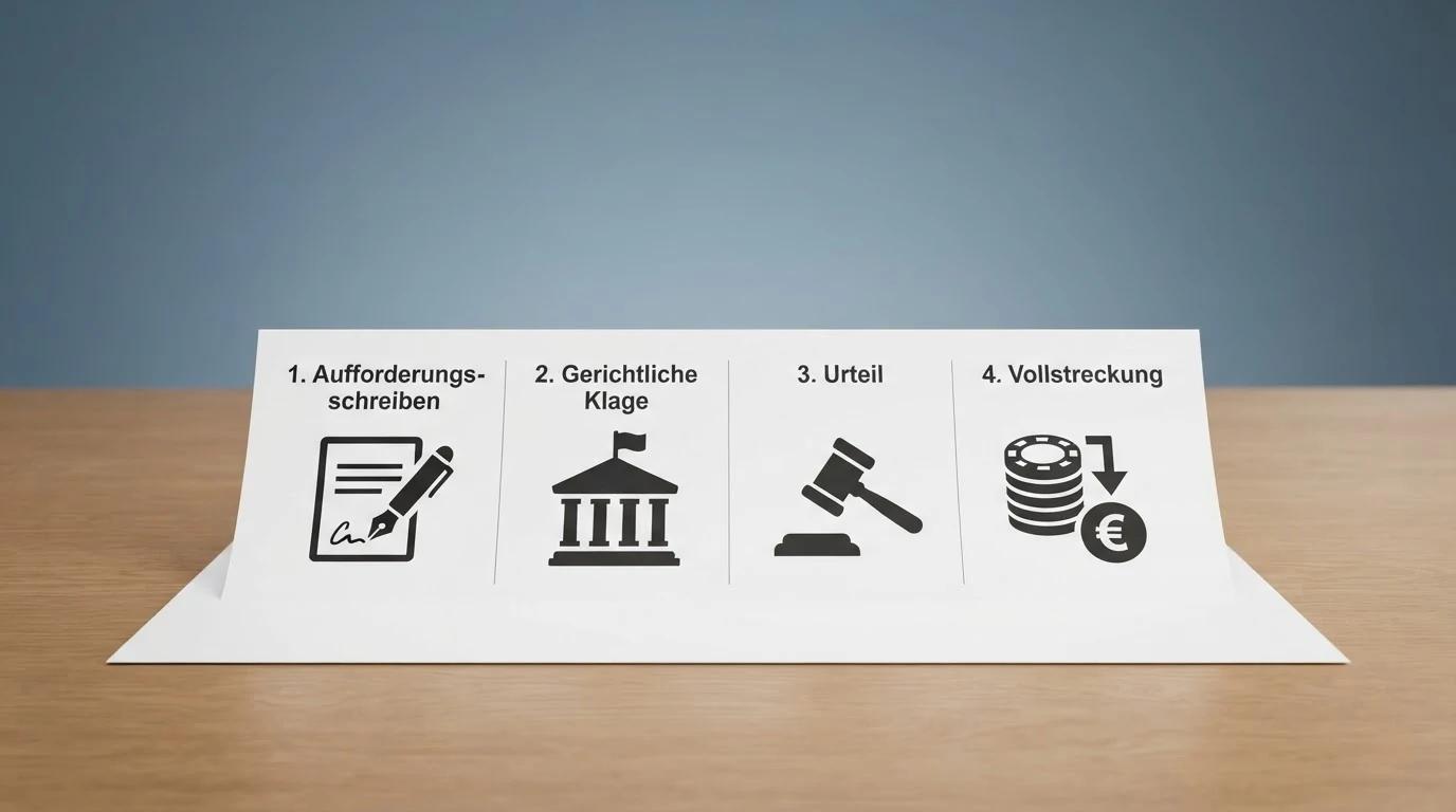 Ein juristisches Dokument mit vier nummerierten Abschnitten: Aufforderungsschreiben, gerichtliche Klage, Urteil und Vollstreckung