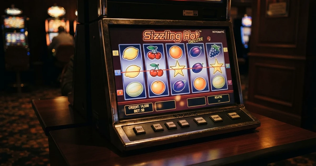 Nahaufnahme der fünf Walzen eines Sizzling-Hot-Deluxe-Spielautomaten mit leuchtenden Fruchtsymbolen Kirschen, Zitronen und Stern-Scatter auf einem dunklen Hintergrund