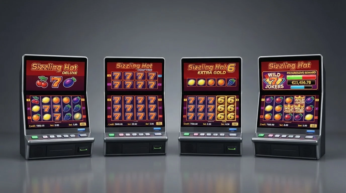 Vier Spielautomaten-Bildschirme nebeneinander im Vergleich: Sizzling Hot Deluxe, Quattro mit vier Walzen-Sets, 6 Extra Gold mit hervorgehobener sechster Walze, Jokers mit Wild-Joker-Symbol
