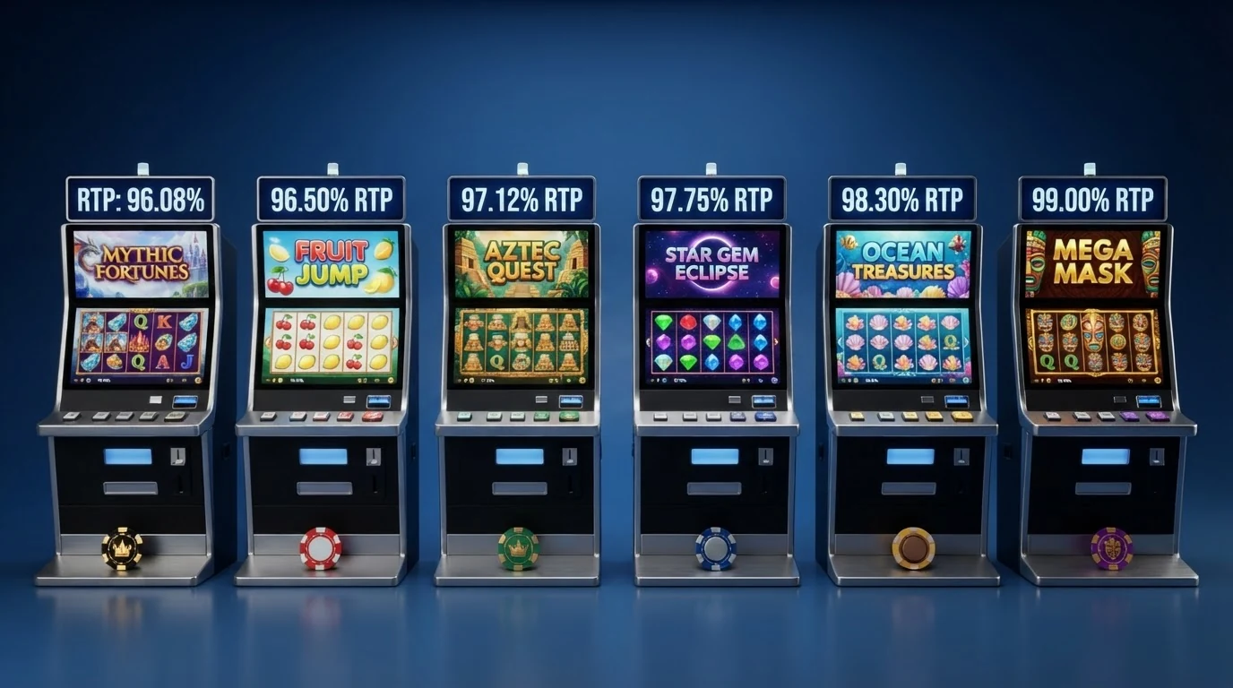 Nahaufnahme mehrerer Spielautomaten-Bildschirme mit sichtbaren RTP-Angaben und Gewinntabellen