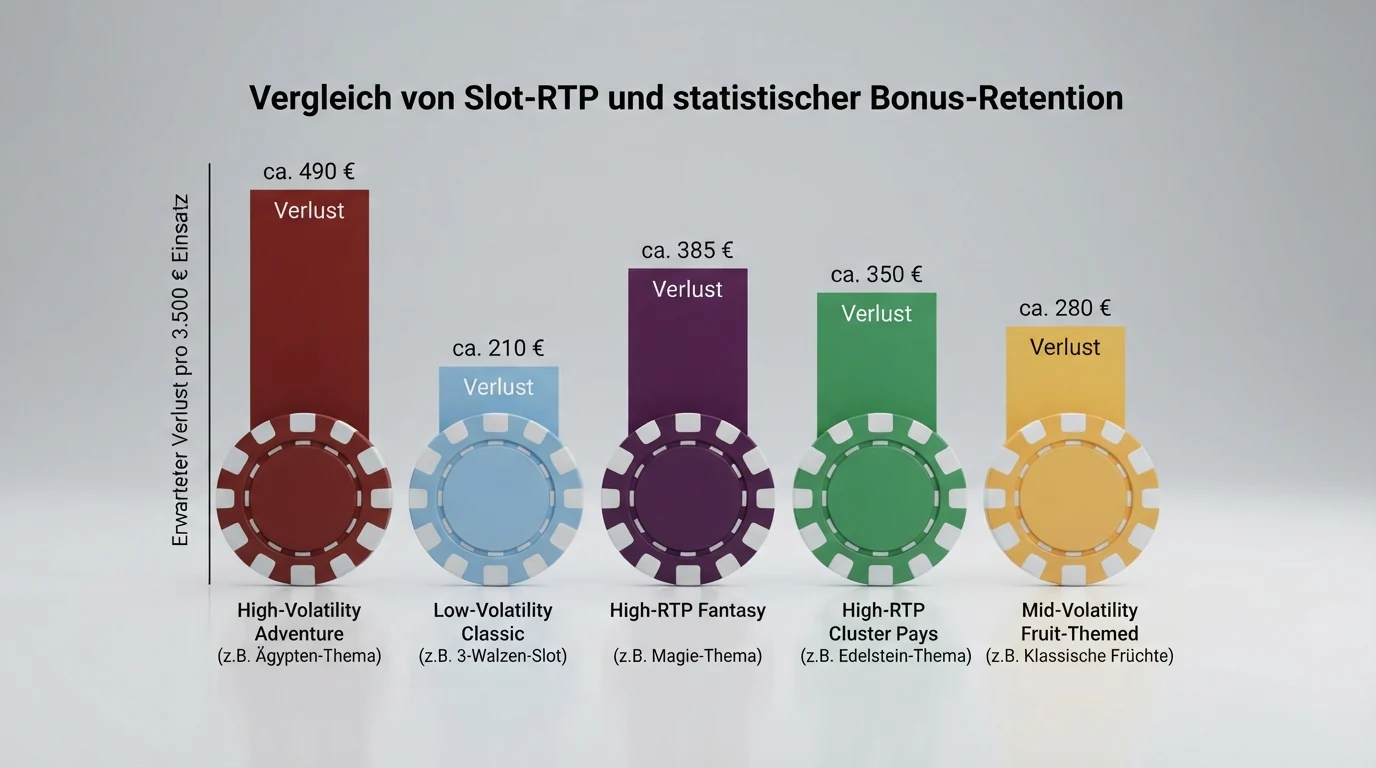 Vergleichsgrafik von fünf populären Slot-Titeln mit ihren RTP-Werten und der Auswirkung auf den statistischen Bonus-Erhalt