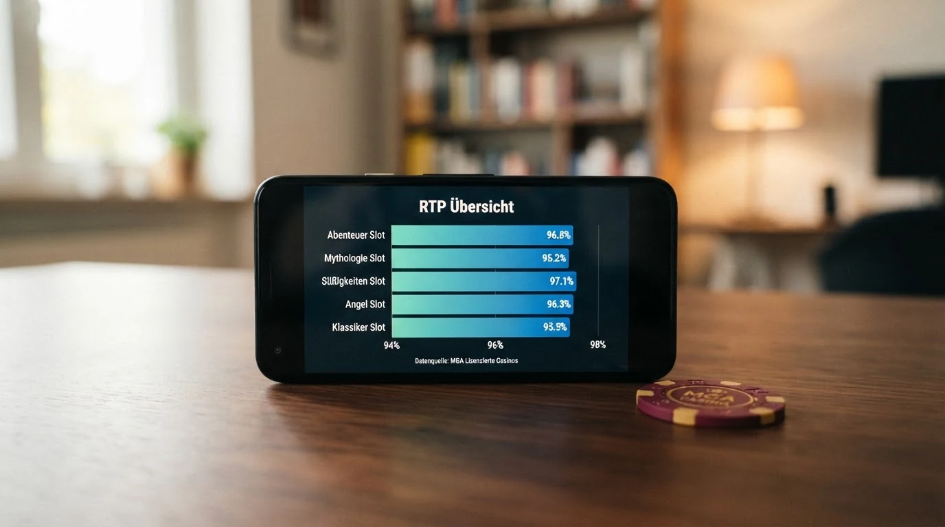 Eine Auswahl der fünf analysierten Spielautomaten mit ihren RTP-Werten als grafische Übersicht
