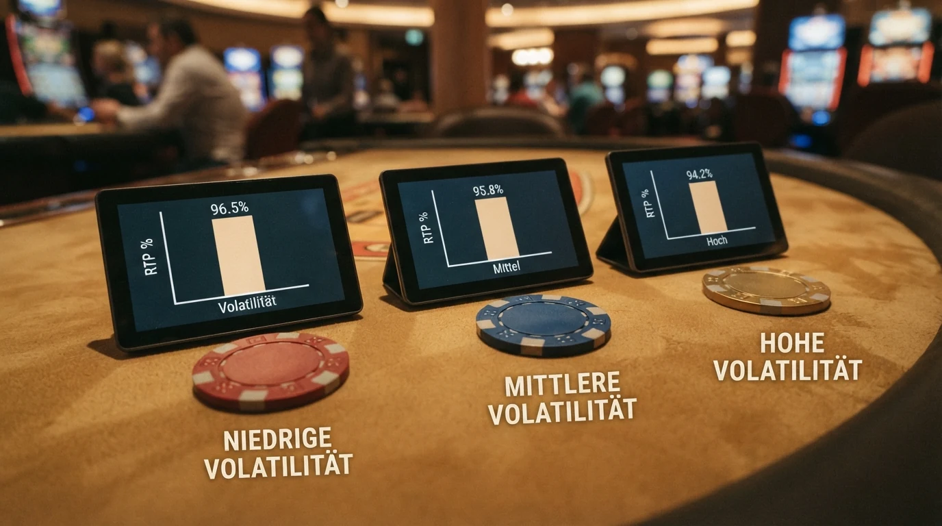 Ein grafischer Vergleich mehrerer Slots mit RTP-Prozentwerten und Volatilitätsbalken von niedrig bis hoch