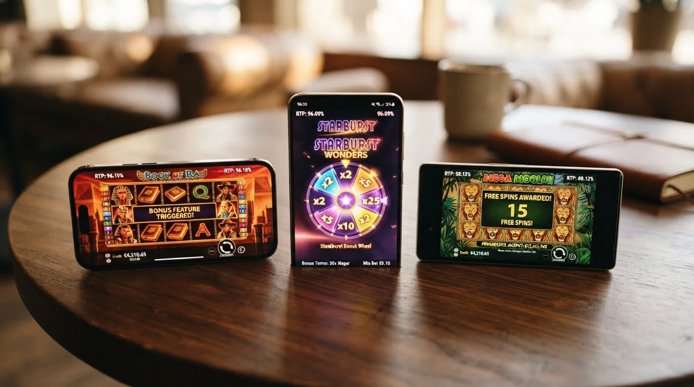 Verschiedene Spielautomaten mit Bonus-Freispielen und RTP-Angaben auf einem Bildschirm