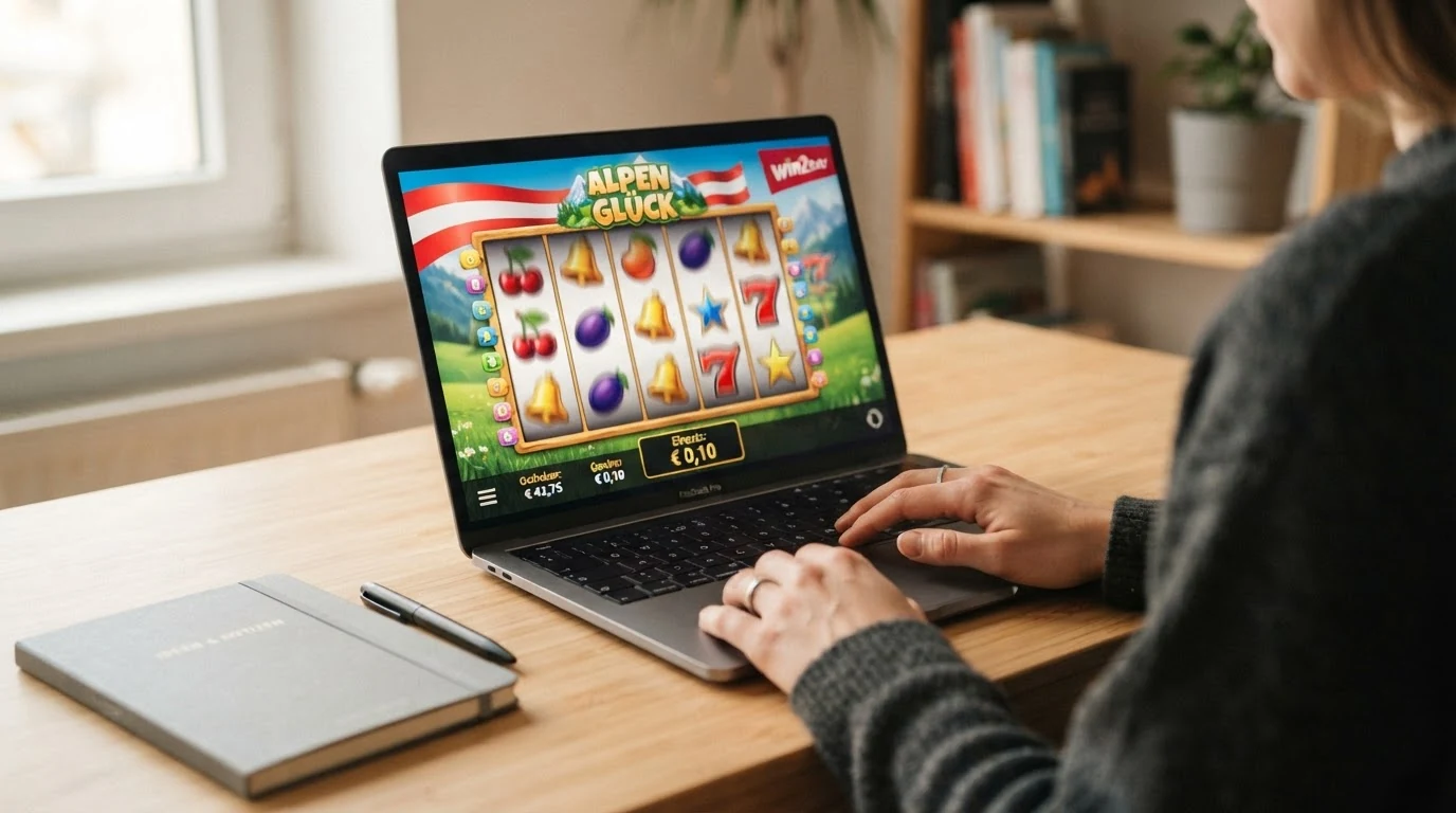 Bildschirmdarstellung eines Online-Slots mit sichtbarem Einsatzfeld und Gewinntabelle, Einsätze ab 0,10 € markiert