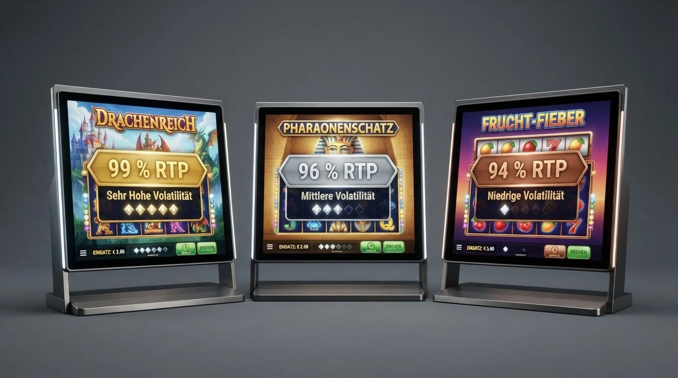 Drei nebeneinander angeordnete Spielautomaten-Bildschirme mit eingeblendeten RTP-Werten und farblich hervorgehobenen Volatilitätsangaben