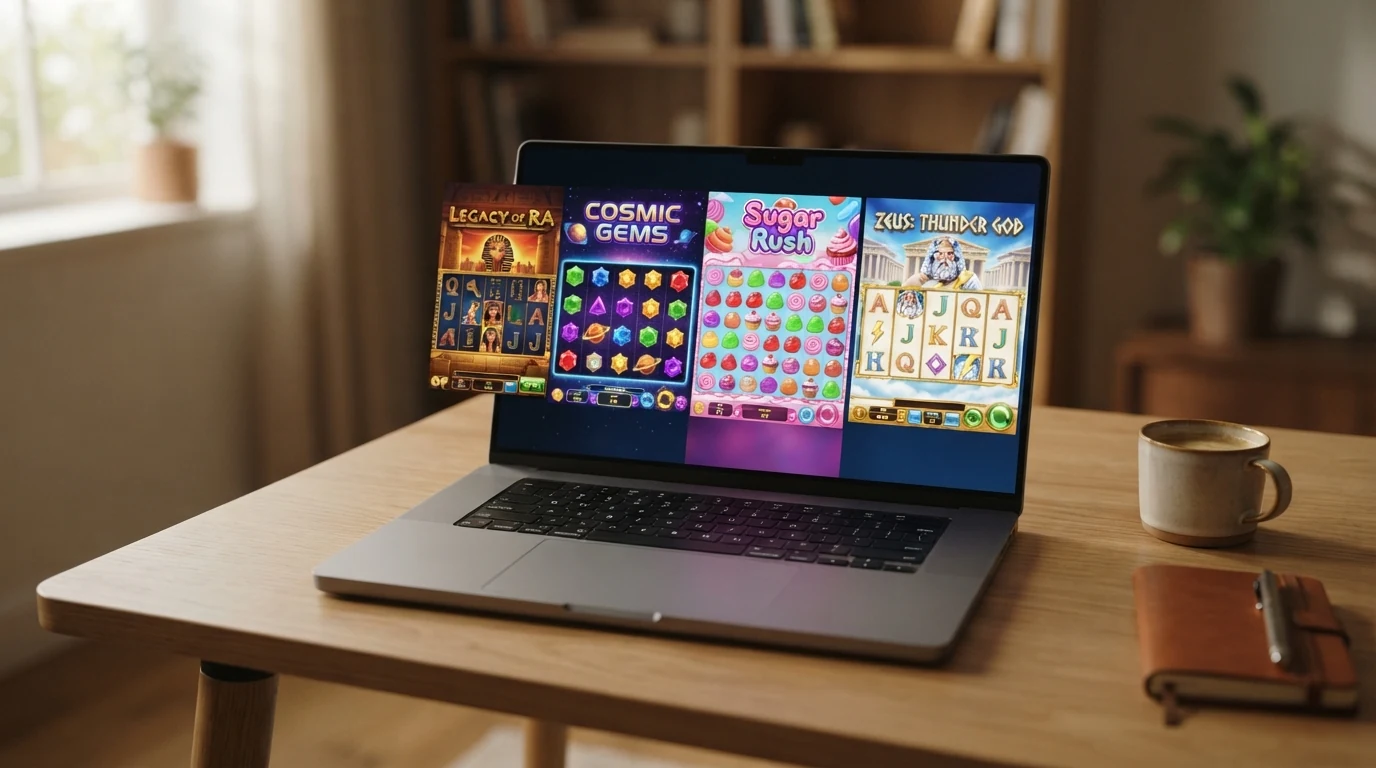 Vier nebeneinander angeordnete Slot-Kacheln im Browser — Book of Dead, Starburst, Sweet Bonanza und Gates of Olympus — mit sichtbaren Spielguthaben-Anzeigen