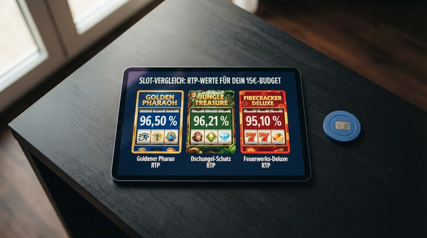 Drei nebeneinander auf einem Bildschirm dargestellte Spielautomaten-Walzen mit unterschiedlichen farblich hervorgehobenen RTP-Prozentwerten (96,50 %, 96,21 %, 95,10 %)