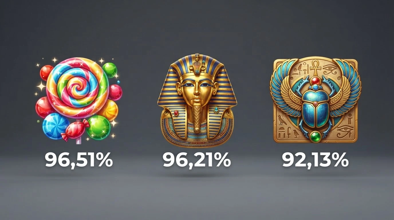 Drei Spielautomaten-Symbole nebeneinander: Sweet Bonanza (Bonbon), Book of Dead (Pharao) und Book of Ra (Skarabäus) mit ihren RTP-Prozentwerten