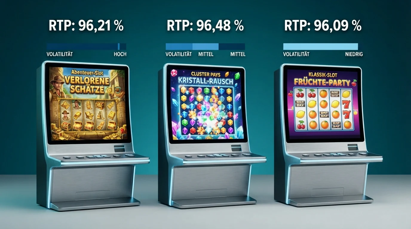 Drei Slot-Screenshots nebeneinander — Book of Dead, Sweet Bonanza und Starburst — jeweils mit eingeblendeter RTP-Prozentzahl und Volatilitätsbalken