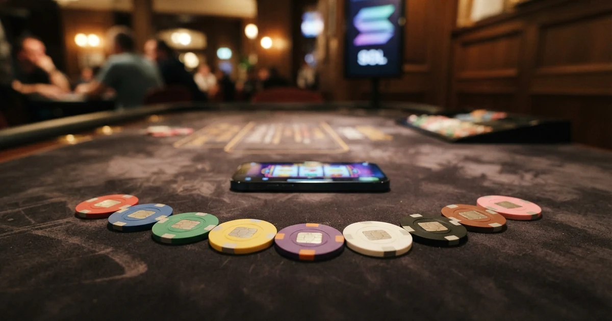 Zehn Casino-Logos oder Plattform-Screenshots nebeneinander aufgereiht vor einem dunklen Blockchain-Hintergrund mit Solana-Logo