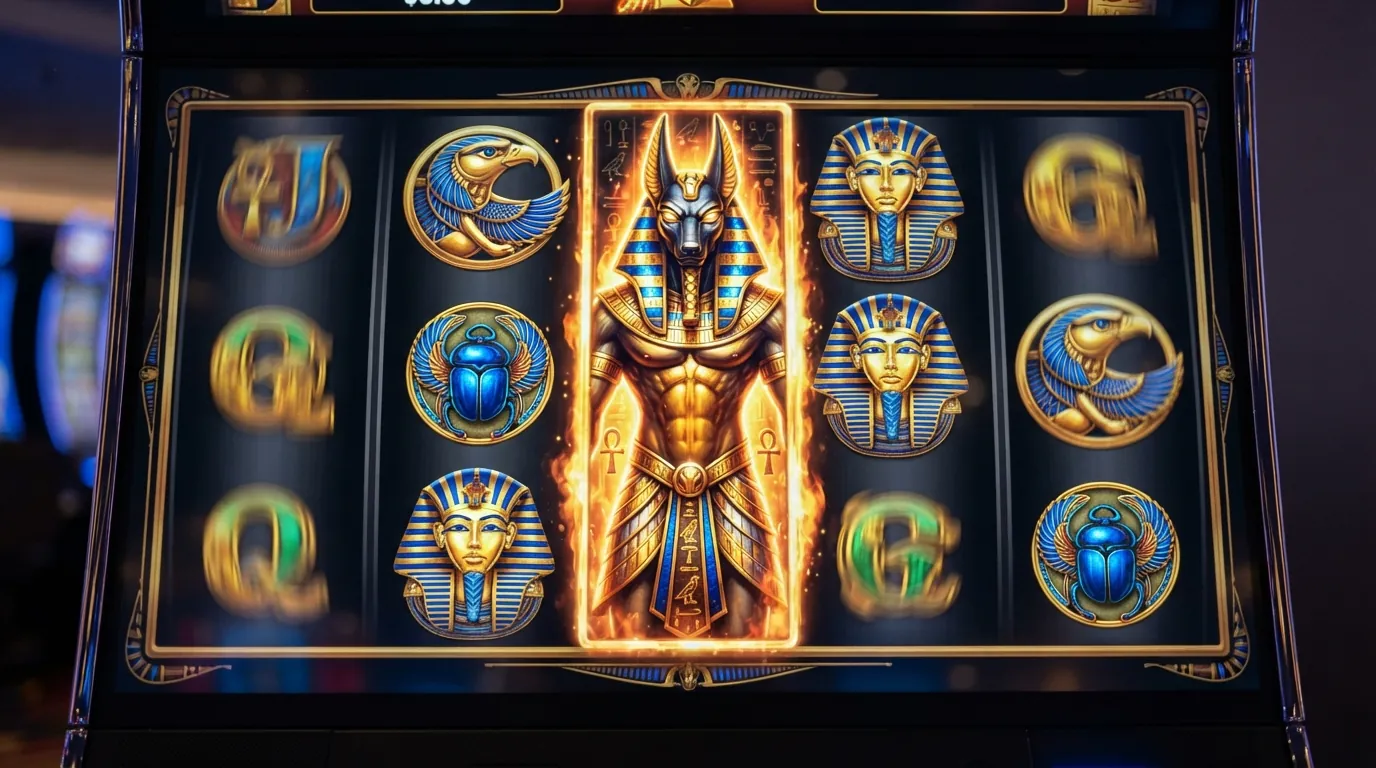 Nahaufnahme der Walzen von Legacy of Dead mit sichtbaren Pharaonen-, Anubis- und Horus-Symbolen, ein Expanding-Symbol hebt sich vergrößert von den anderen ab