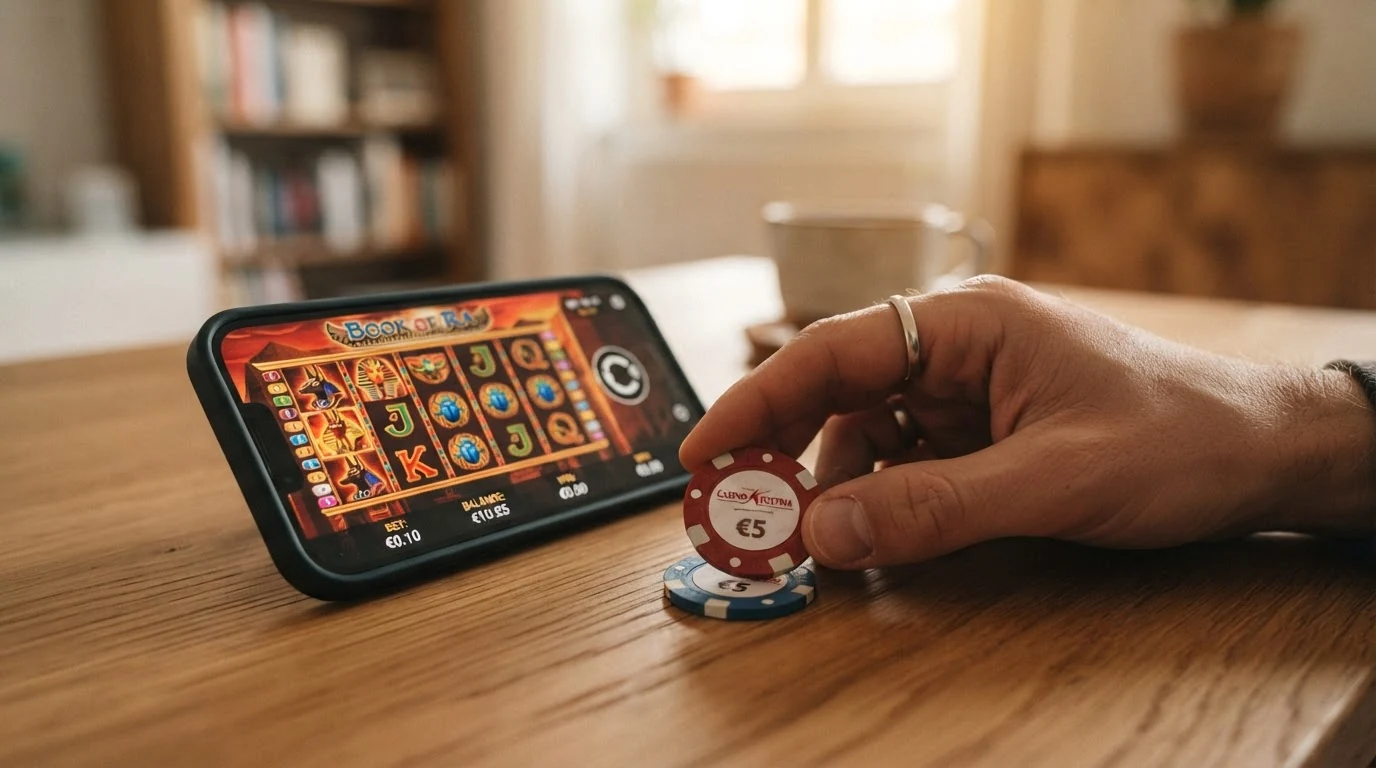 Fünf Slot-Walzen mit niedrigen Einsätzen (0,10 €) auf einem Smartphone-Bildschirm, daneben gestapelte 10-Euro-Scheine