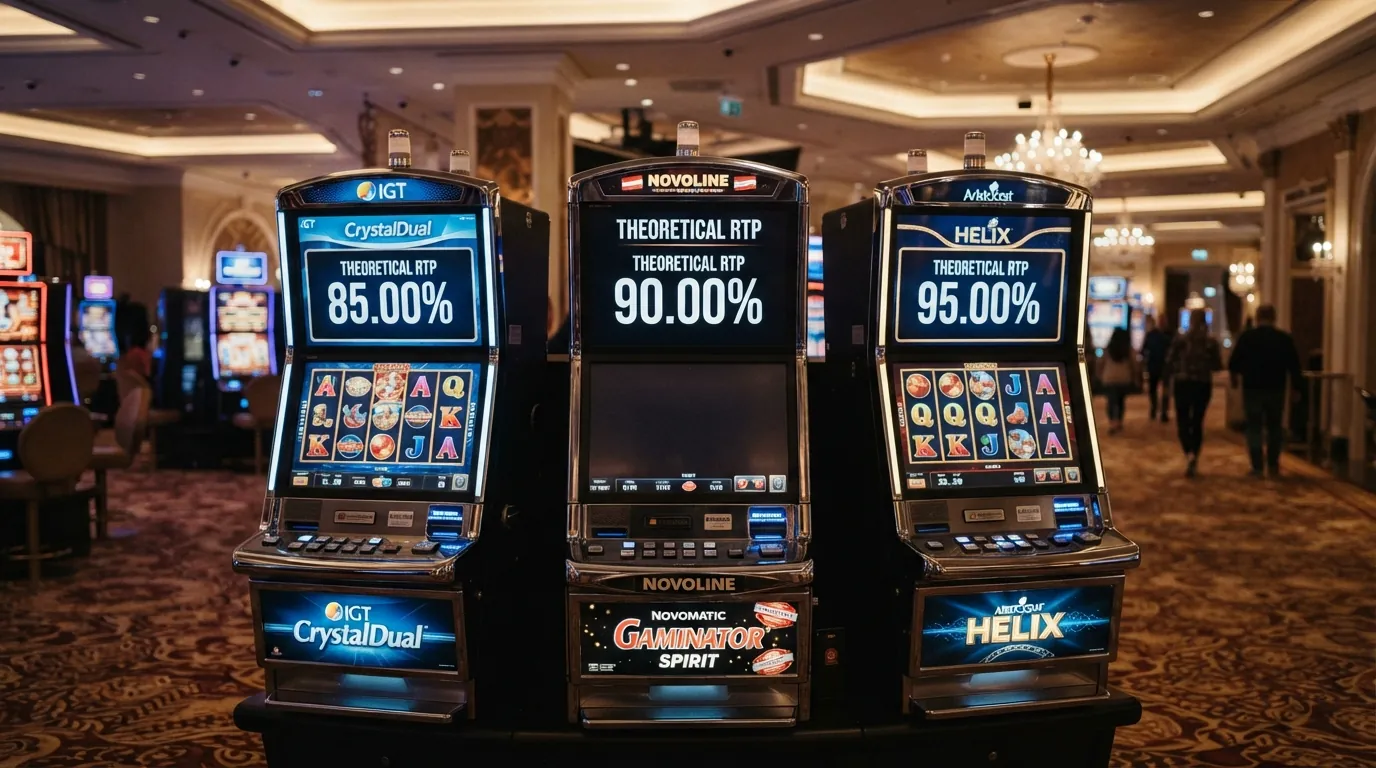 Drei Spielautomaten nebeneinander, auf deren Bildschirmen RTP-Werte von 85 %, 90 % und 95 % eingeblendet sind