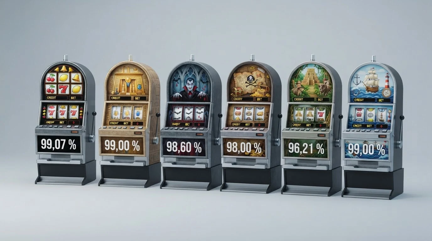 Eine Übersicht der sechs Spielautomaten mit den höchsten RTP-Werten, sortiert als Liste mit Prozentangaben