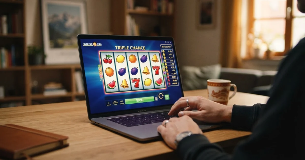 Merkur Spielautomat mit bunten Walzensymbolen und Risikoleiter auf einem Computerbildschirm, im Hintergrund eine geöffnete Browser-Umgebung ohne Login-Fenster