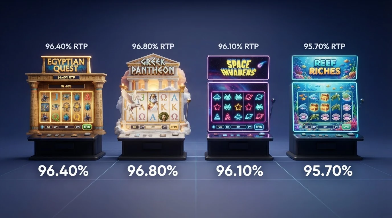 Vier beliebte Online-Spielautomaten — Book of Dead, Gates of Olympus, Starburst und Razor Shark — in einer bildlichen Gegenüberstellung mit ihren RTP-Werten