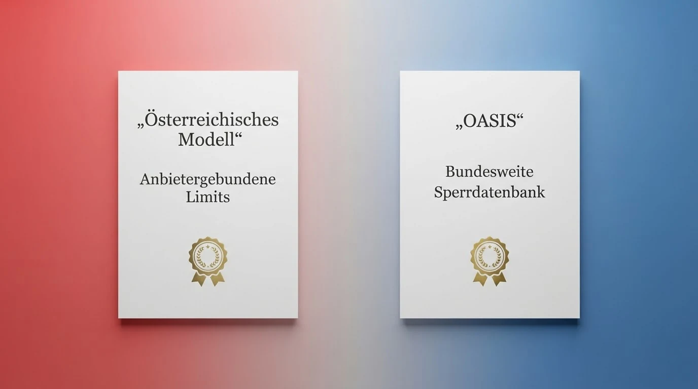 Vergleichsschaubild der Spielerschutzsysteme: deutsches OASIS als bundesweite Sperrdatenbank gegenüber dem österreichischen anbietergebundenen Modell