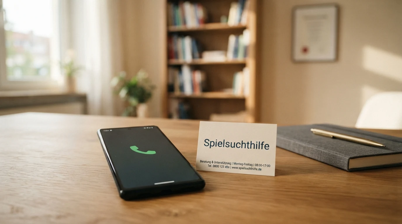 Telefonhörer auf einem Schreibtisch neben einer Visitenkarte mit der Aufschrift Spielsuchthilfe