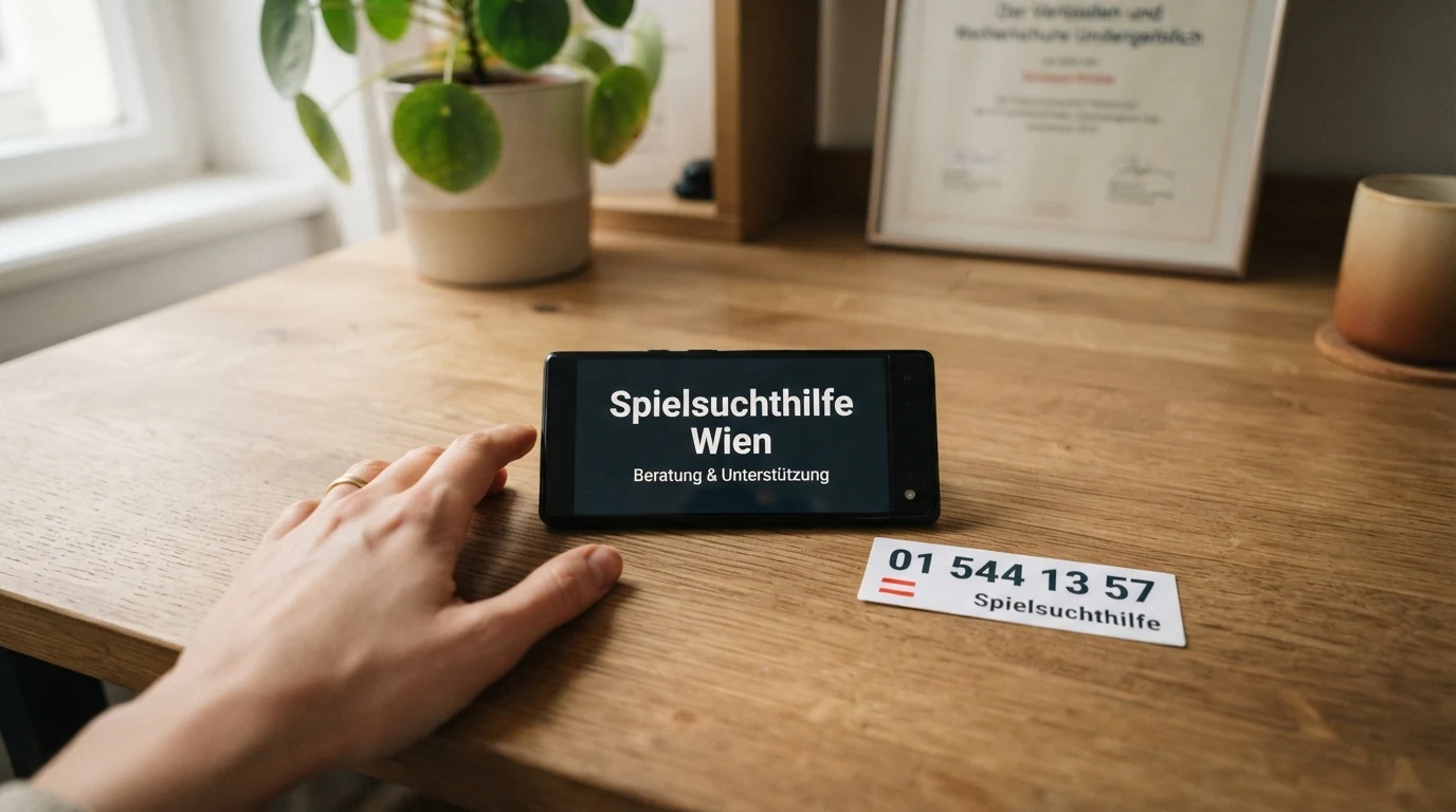 Das Logo der Spielsuchthilfe Wien neben einer stilisierten Notruf-Telefontastatur mit der Nummer 01 544 13 57