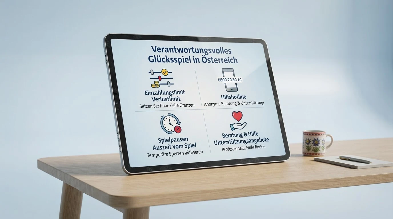 Eine Infografik mit Piktogrammen: Limit-Regler, Telefon-Hotline-Symbol, Uhr für Spielpausen, Herz für Beratung