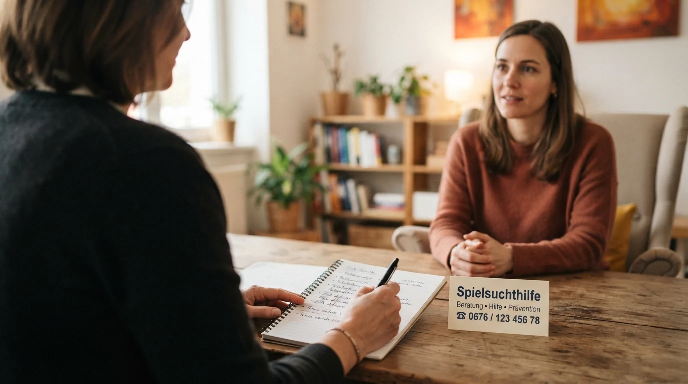 Beratungssituation am Tisch mit Hinweiskarte „Spielsuchthilfe“ und Telefonnummer, warmes Licht