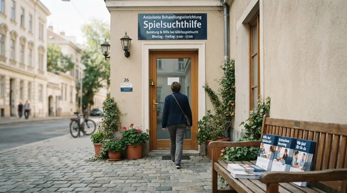 Eingangsbereich der Spielsuchthilfe Wien in der Stolberggasse 26, 1050 Wien, mit sichtbarem Schild und Informationsmaterial im Vorraum