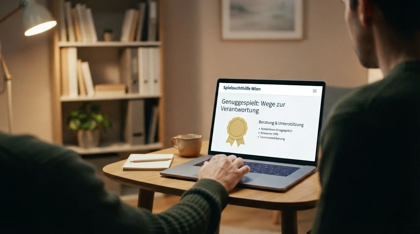 Beratungsgespräch-Szene mit Hinweis auf die Spielsuchthilfe Wien und das Genuggespielt-Logo auf einem Laptop