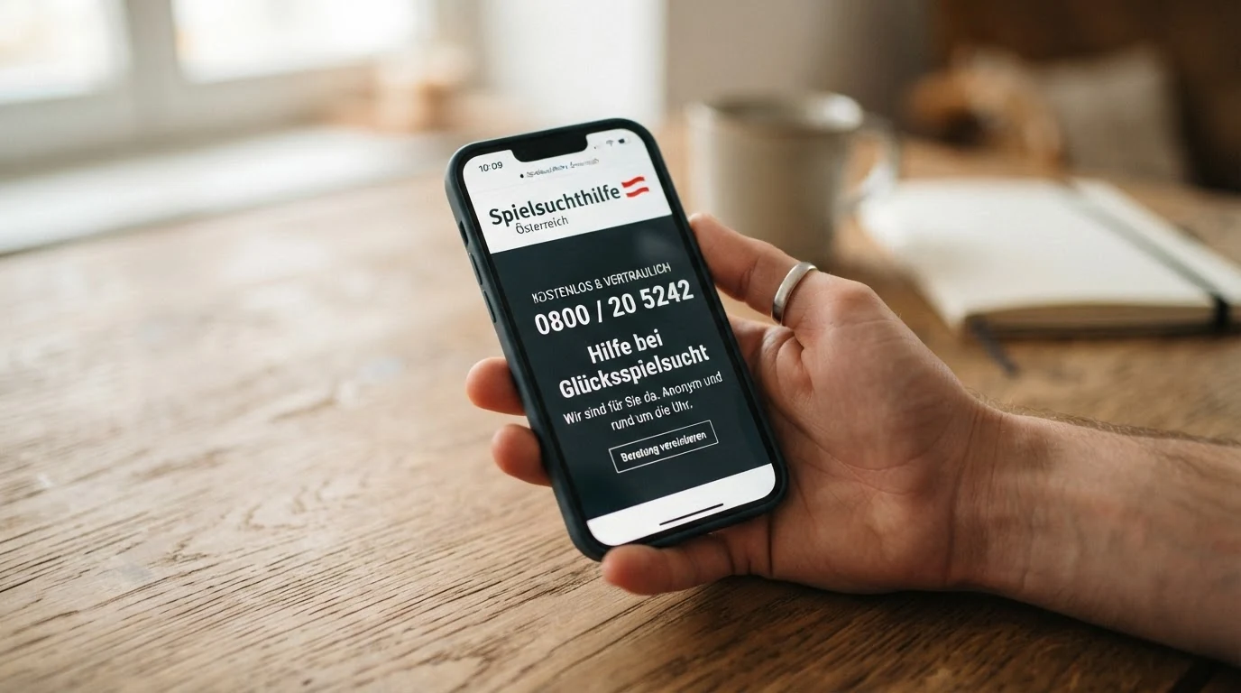 Eine Hand hält ein Smartphone mit der geöffneten Webseite der Spielsuchthilfe, auf dem Display ist die Helpline-Nummer 0800/20 5242 sichtbar