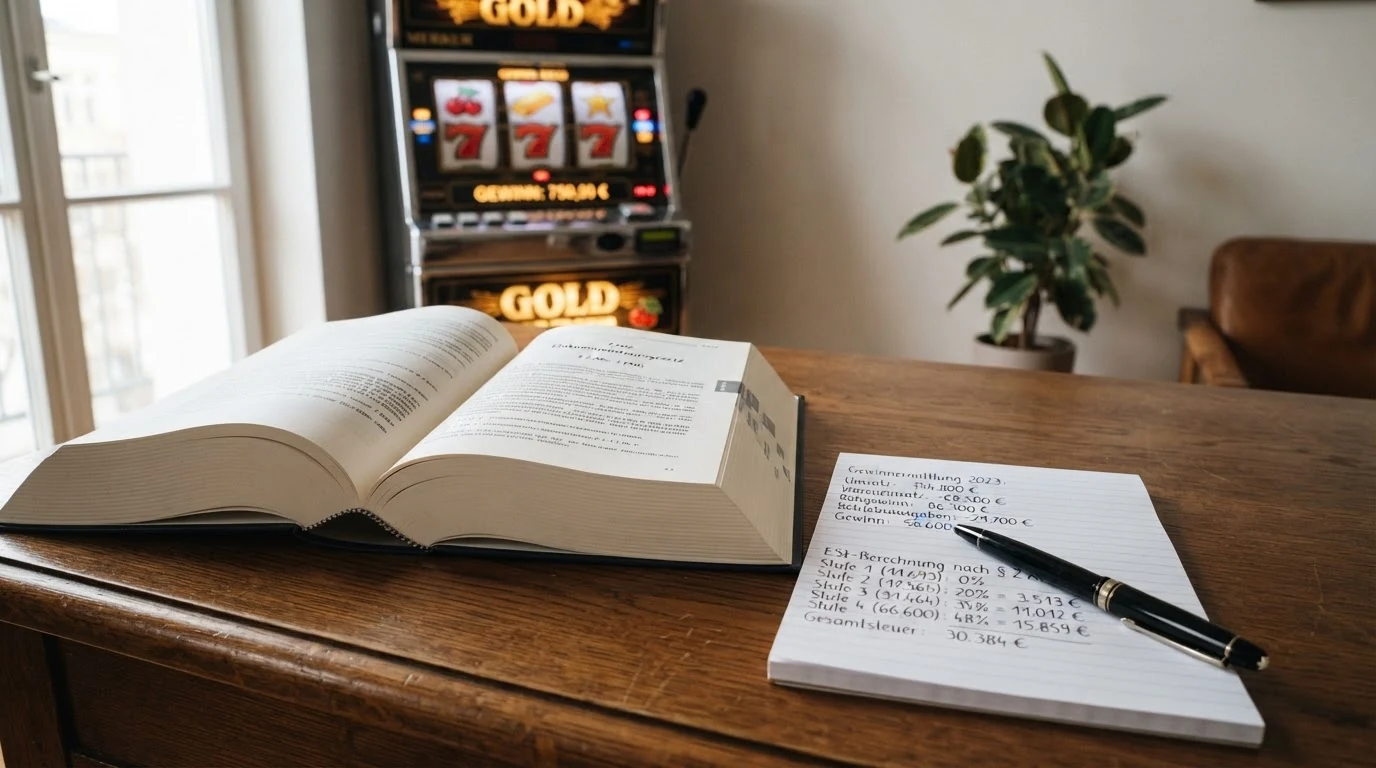 Ein aufgeschlagenes österreichisches Gesetzbuch neben einem Taschenrechner und einem Spielautomaten mit Gewinnanzeige