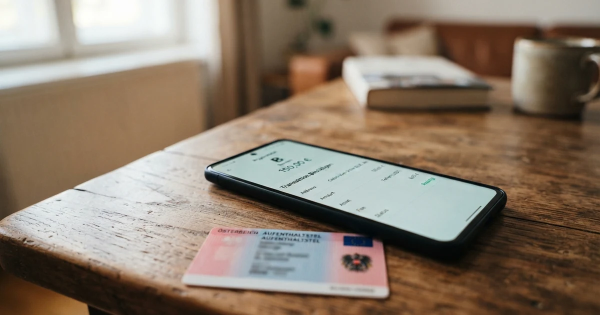 Eine Nahaufnahme eines Smartphone-Bildschirms mit einer geöffneten Krypto-Wallet-App, die eine USDT-Transaktion an ein Online-Casino zeigt; daneben liegt eine österreichische Aufenthaltskarte