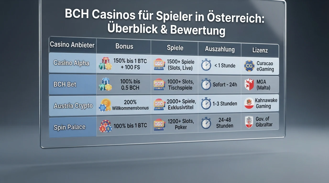 Vergleichstabelle mit Casino-Logos, Bonus-Prozentsätzen und Lizenz-Informationen