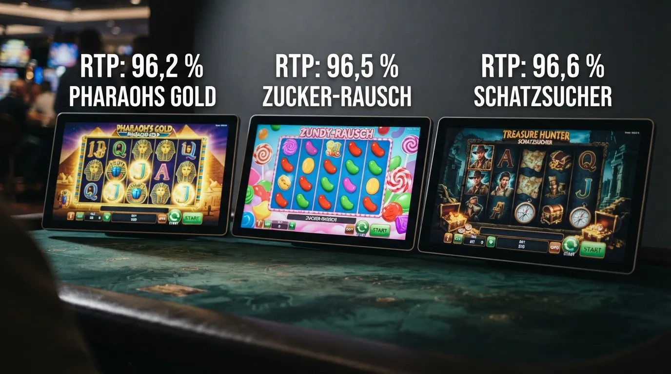 Drei nebeneinander angeordnete Slot-Screenshots — Book of Dead (Play'n GO), Sweet Bonanza (Pragmatic Play) und Legacy of Dead (Play'n GO) — mit überblendeten RTP-Prozentwerten