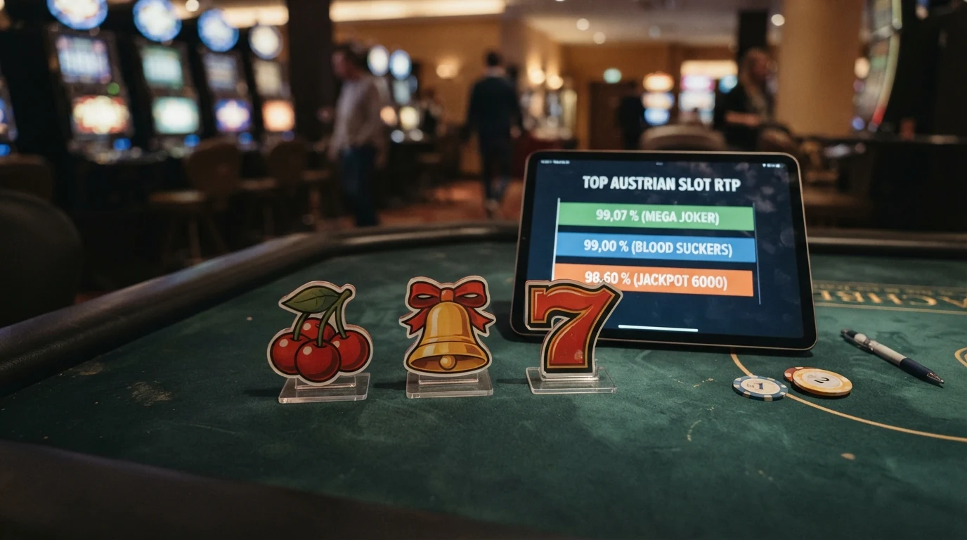 Eine Reihe von Spielautomaten-Symbolen (Kirschen, Glocken, Siebener) vor einer Tabelle mit Auszahlungsquoten, Bildschirm mit geöffnetem Slotspiel im Hintergrund