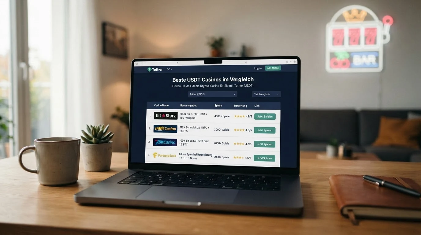 Eine Übersichtstabelle auf einem Laptop-Bildschirm, die Casinos nach Bonus, Spielanzahl und USDT-Netzwerken vergleicht; im Hintergrund ein Casino-Slot-Symbol
