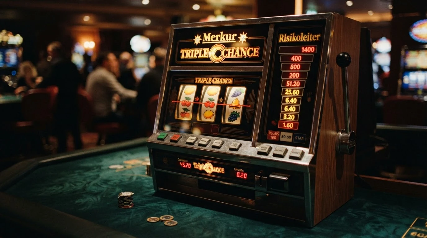 Klassischer Merkur-Spielautomat Triple Chance mit drei Walzen, Früchtesymbolen und der markanten Risikoleiter im oberen Bereich