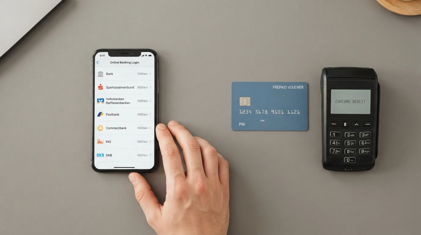 Zwei Zahlungsbildschirme nebeneinander: links eine Trustly-Banking-Oberfläche mit Bankauswahl, rechts eine Paysafecard-Eingabemaske mit 16-stelligem Code