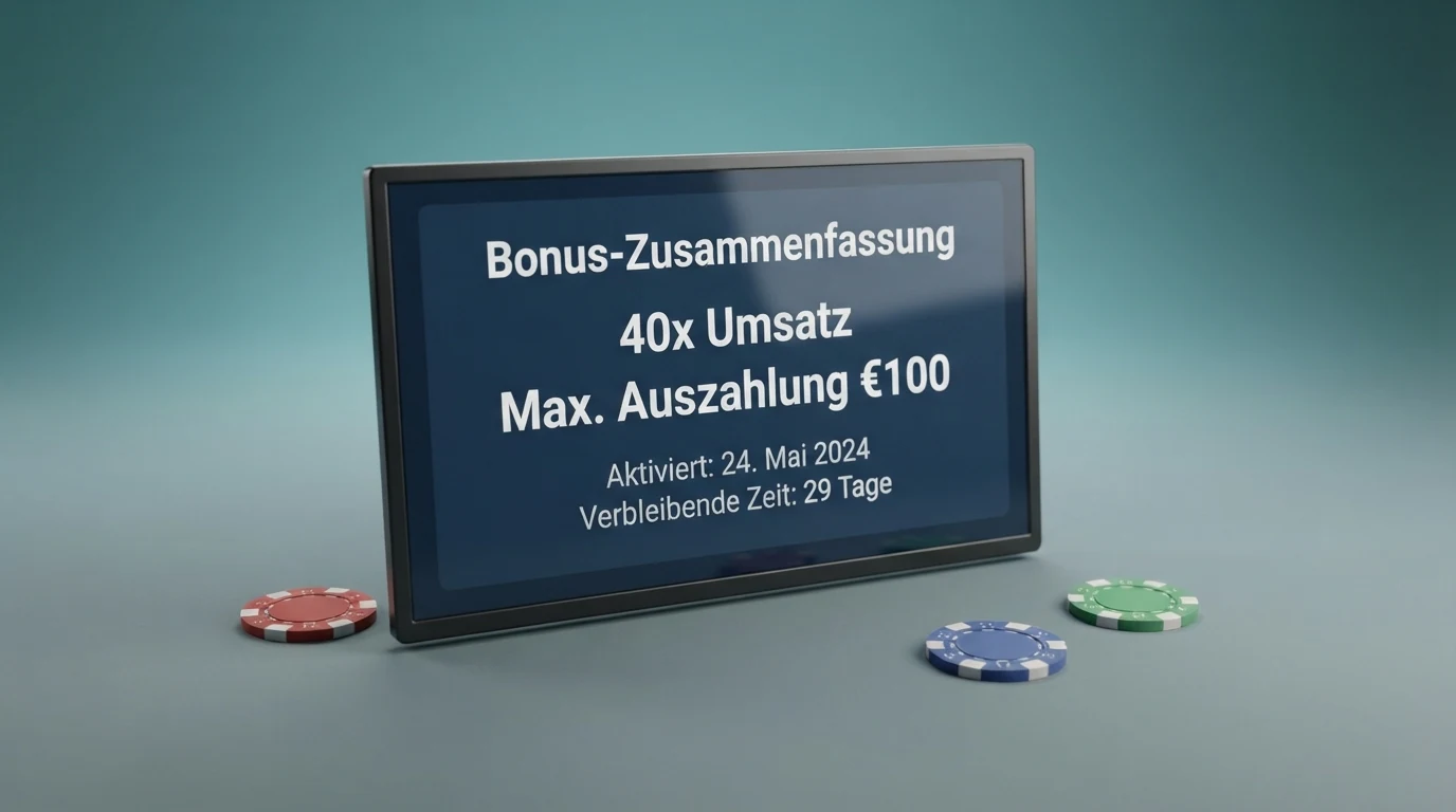 Eine Nahaufnahme eines Casino-Bonus-Bildschirms mit hervorgehobenen Umsatzbedingungen — „40x Umsatz“ und „Max. Auszahlung €100“ sind markiert