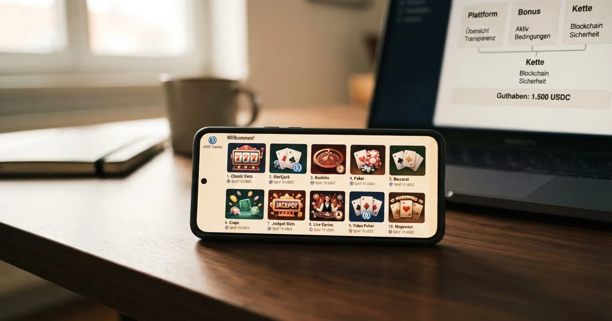 Zehn Krypto-Casino-Logos nebeneinander auf einem Bildschirm mit USDC-Symbol und Vergleichstabelle