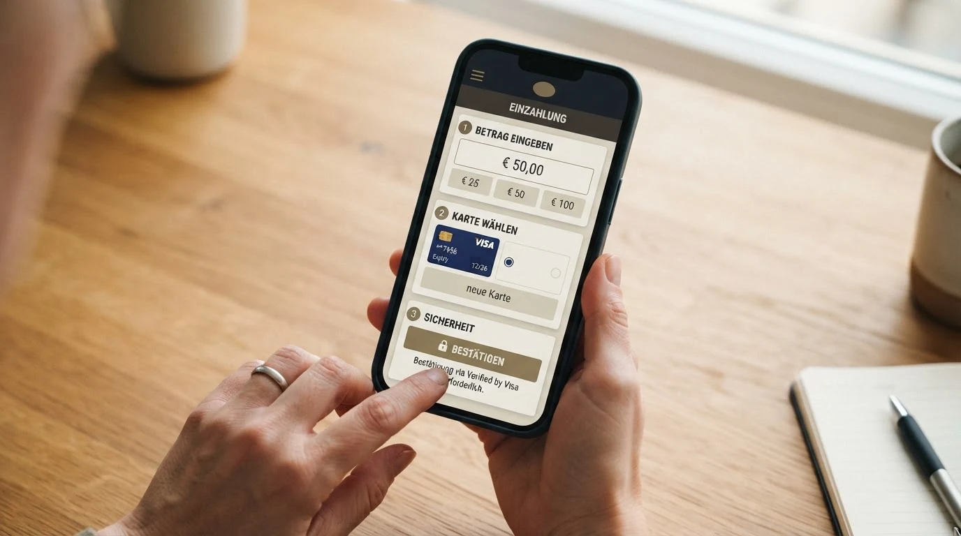 Ein Smartphone-Display zeigt den Visa-Einzahlungsdialog eines Online-Casinos mit Betragseingabe, Kartenauswahl und 3D-Secure-Bestätigung in drei Schritten.