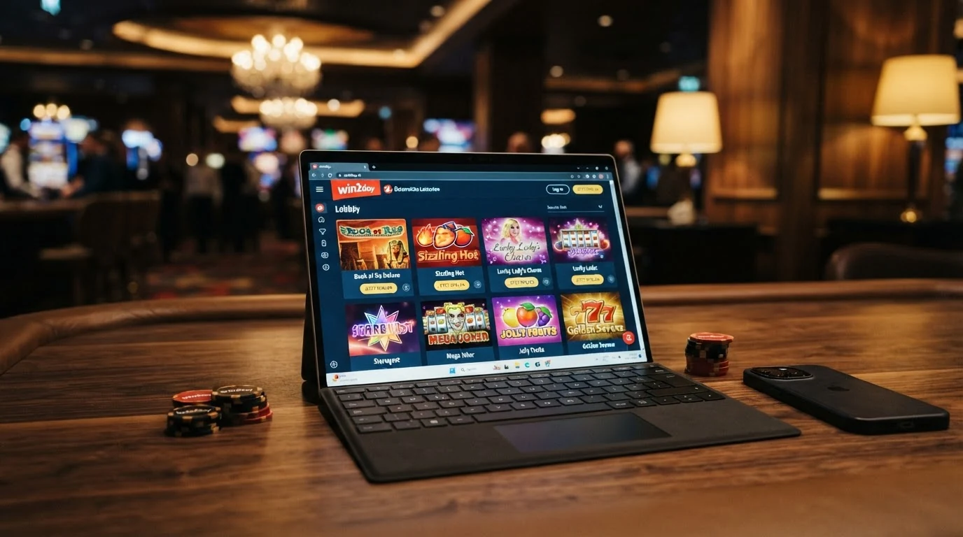 Bildschirmfoto der win2day-Slot-Lobby mit Book of Ra, Sizzling Hot und Lord of the Ocean als hervorgehobene Titel vor einem dunklen Casino-Hintergrund
