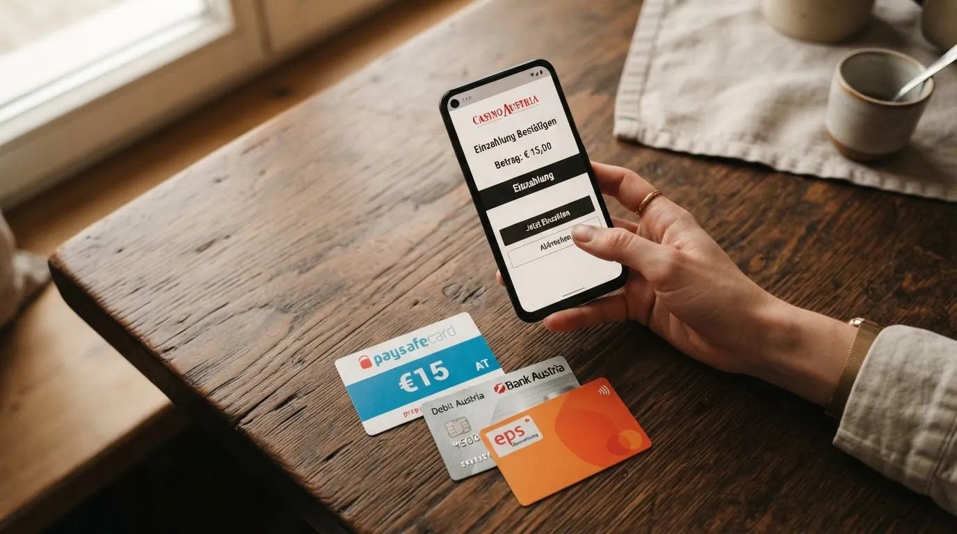 Eine Reihe von Zahlungsmitteln — Paysafecard-PIN-Abschnitt, Skrill-Logo auf dem Handy, Kreditkarte, durchgestrichenes PayPal-Logo — vor dem Hintergrund eines Casino-Einzahlungsformulars