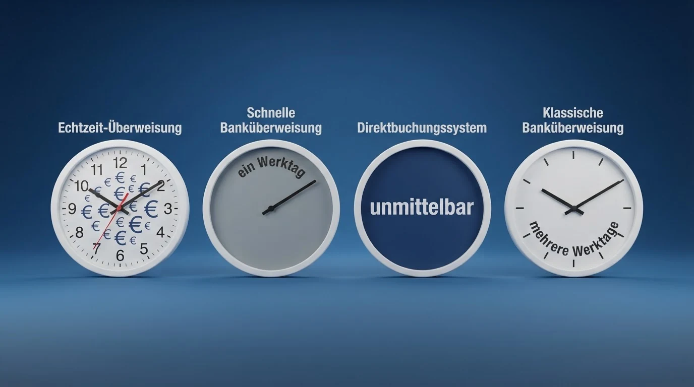 Vier nebeneinander gestellte Uhren-Symbole oder Fortschrittsbalken mit den Beschriftungen Echtzeit-Überweisung (wenige Sekunden), Sofortüberweisung/Klarna (ein Bankarbeitstag), EPS (sofort) und klassische Banküberweisung (mehrere Werktage)